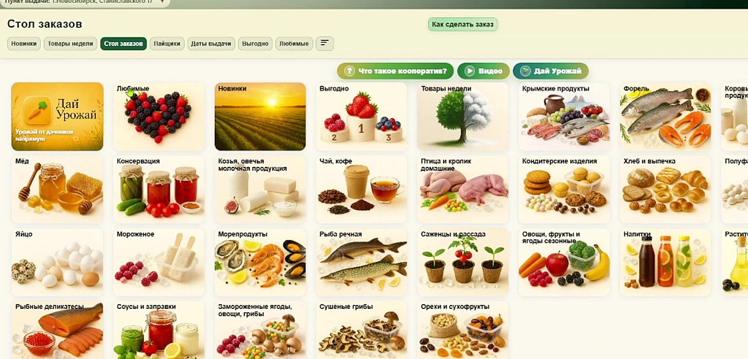 Стол заказов с категориями продуктов